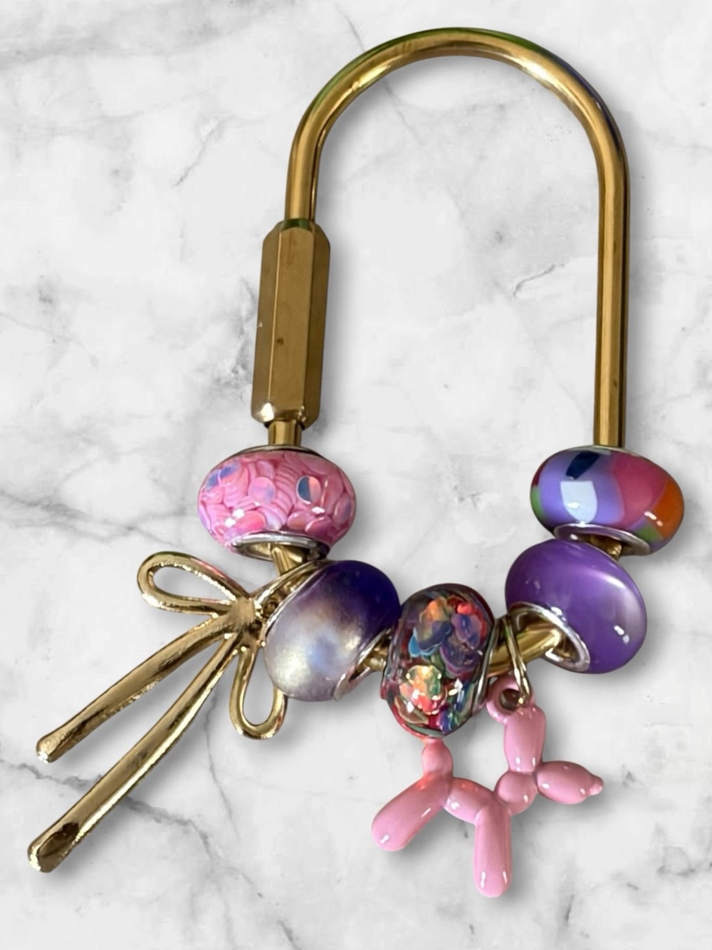 Gold Keyring Charm Bracelet with Pink and Purple Glass Beads